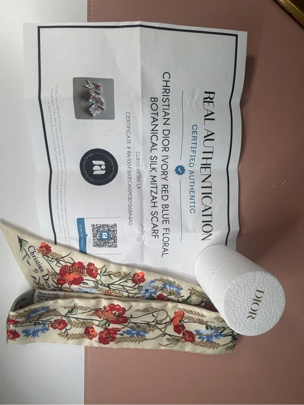 Dior Cream Silk Floral Bow Scarf with Red & Blue Blooms w/COA